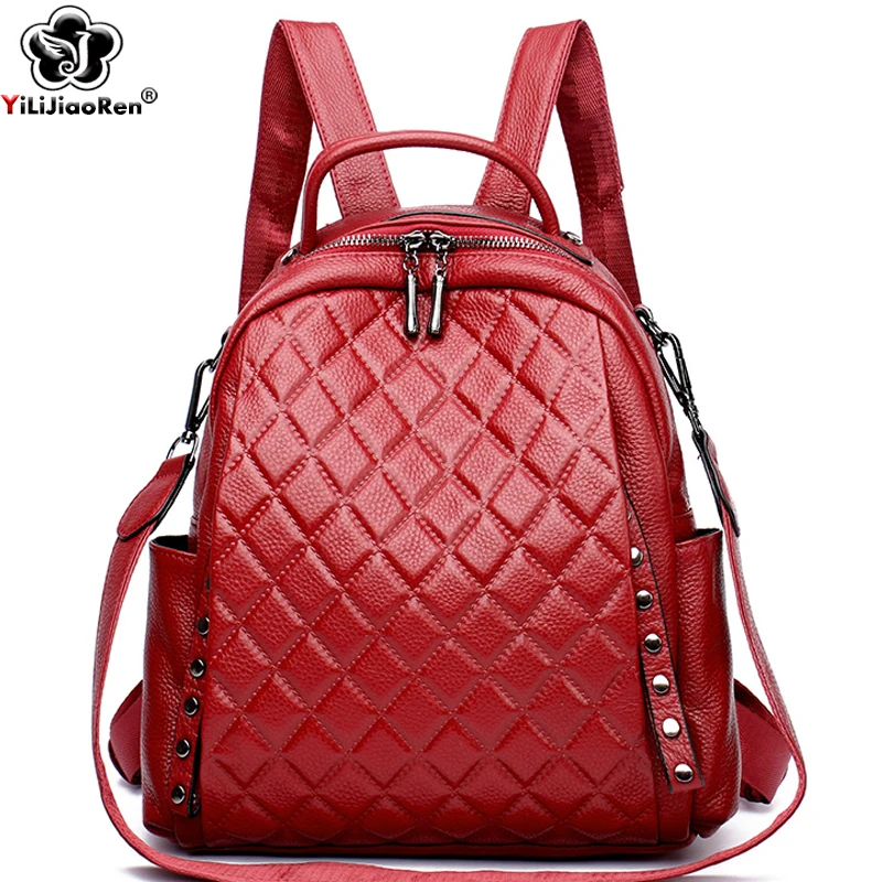 Luxury Bags Girls - 本革リュックサック女性ショルダーバッグ高級デザイナーチェック柄バックパック女性大容量スクールバッグ十代の少女のための