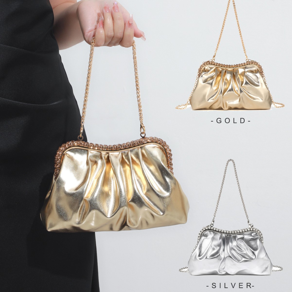 Luxury Bags Quiet - プレミアム静音高級PUレザー プリーツラインストーンクリップ クラウドバッグ、ファッショナブルな単色メタルチェーンポータブルディナーバッグ