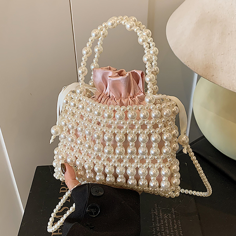 Luxury Bags For Summer - ライト高級真珠クロスボディバッグ女性のための夏のパッチワーク手作り織ショルダーバッグトレンディなビーズ巾着ハンドバッグ