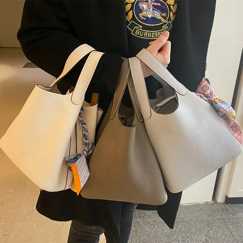 Luxury Bags Office - 2023 新コントラストカラー牛革バケットバッグエレガントなオフィスレディオールマッチハンドバッグ高級本革ライチ柄財布