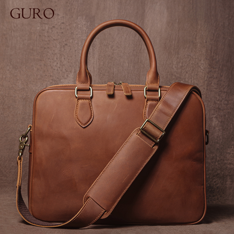 Luxury Bags Laptop - GURO 男性クレイジーホース牛革ブリーフケース高級本革ハンドバッグシンプルな軽量ショルダーバッグファイルラップトップクロスボディバッグ