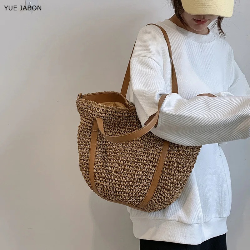 Luxury Bags For Summer - カジュアルな女性用脇下ショルダーバッグ、高級感のある留め金付きストロー織り大容量カーキホーボーハンドバッグ、夏のビーチトートバッグ（レディース）
