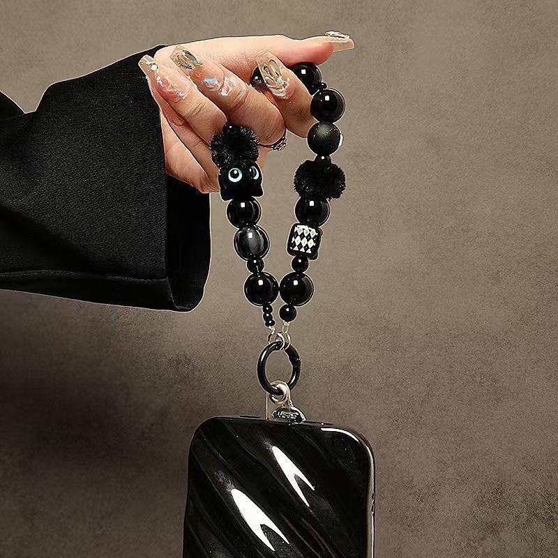 豪華な黒いふわふわ猫モバイルフォンストラップ、ビーズハンドル - Luxury Bags Supplier のレビューと価格